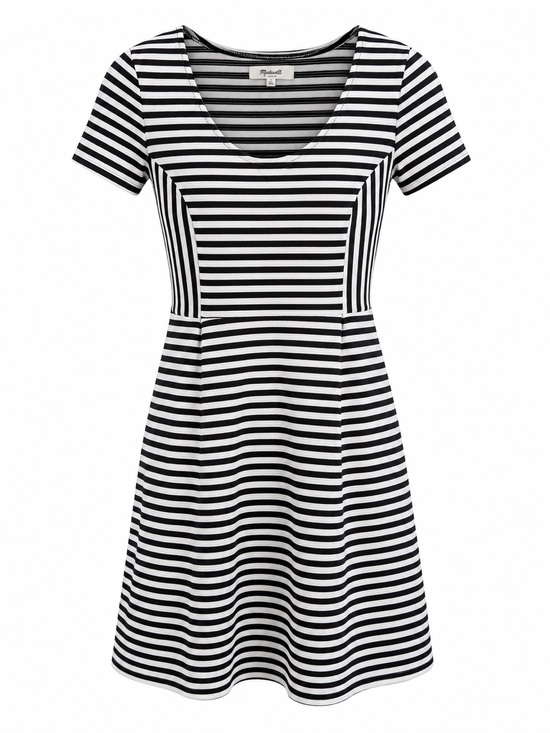 Madewell Dresses & Skirts - Madewell Womens Black & White Striped Fit & Flare Dress Short Sleeve Scoop Neck